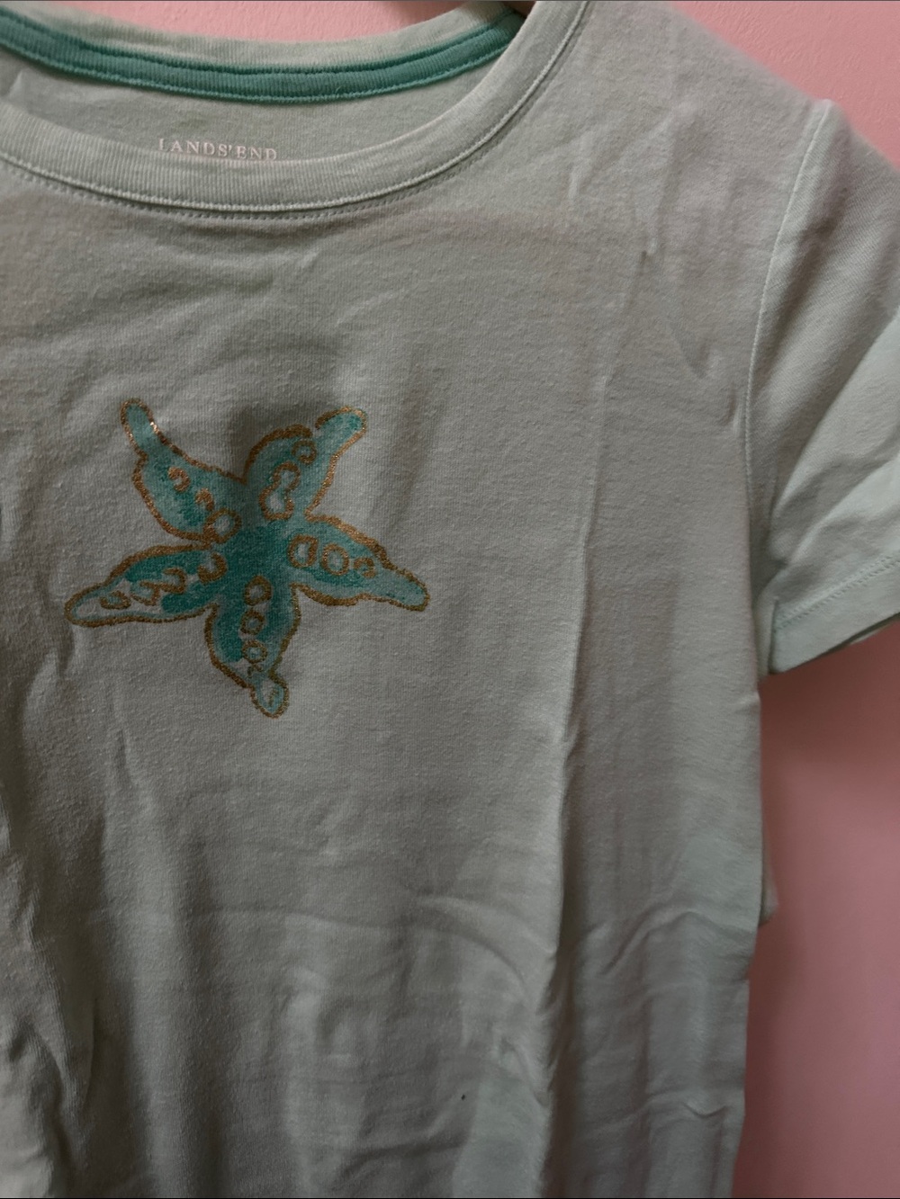Y2K Vintage Lands' End Light Green Starfish Printed Short Sleeve Tee